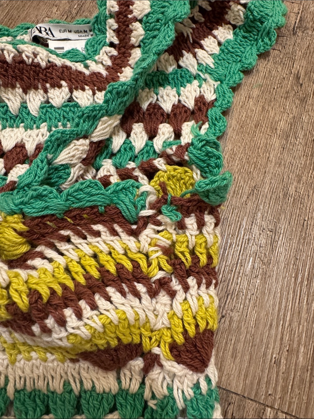 Zara Green Cream Brown Striped Crochet Tank with Yellow Accents - Picture 3 of 4